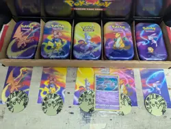 5 x Empty Pokemon Kanto Power Mini Tins Art Set - Card & Coin included - Image 1