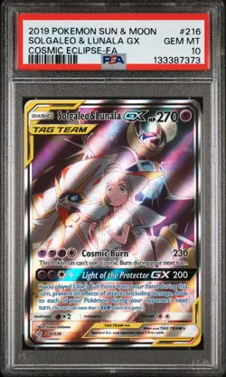 2019 POKEMON SUN & MOON COSMIC ECLIPSE #216 FULL ART/SOLGALEO & LUNALA GX PSA 10 - Image 1