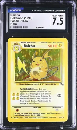 CGC 7.5 NEAR MINT + Raichu 1999 Fossil 14/62 Holo Rare Pokemon Card - Image 1