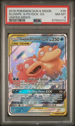 2019 Pokemon Sun & Moon Unified Minds Slowpoke Psyduck GX #35 PSA 8 - Image 1