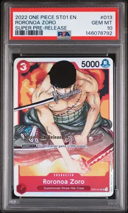 One Piece CCG Roronoa Zoro Super Pre-Release ST01-013 PSA 10 Gem Mint - Image 1