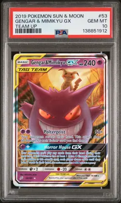 2019 POKEMON SUN & MOON TEAM UP #53 GENGAR & MIMIKYU GX PSA 10 - Image 1