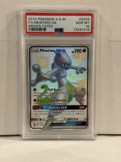 2019 Pokemon Hidden Fates Mewtwo GX #SV59 Full Art PSA 10 - Image 1