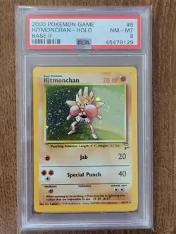 2000 Pokemon Base Set 2 Hitmonchan Holo PSA 8 MINT 8/130 Holo Rare Card - Image 1