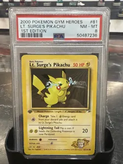 Pokemon TCG Lt. Surge's Pikachu 1st Edition Gym Heroes PSA 8 - Image 1