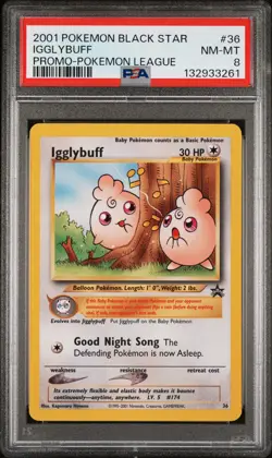 2001 POKEMON PROMO BLACK STAR POKEMON LEAGUE #36 IGGLYBUFF PSA 8 - Image 1