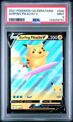 2021 POKEMON CELEBRATIONS #008 SURFING PIKACHU V PSA 9 - Image 1