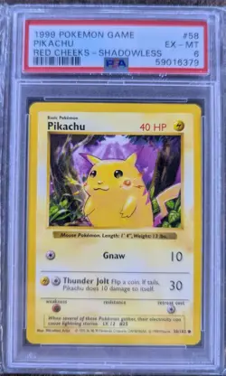 Pokemon 1999 Base Set Pikachu 58/102 Red Cheeks Shadowless PSA 6 - Image 1