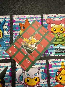 Poncho Pikachu Pokemon Merry Christmas Card Database Magenta Holo Stars - Image 3