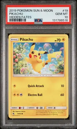 2019 POKEMON Pikachu 19/68 Sun & Moon Base Hidden Fates PSA GEM MT 10 - Image 1
