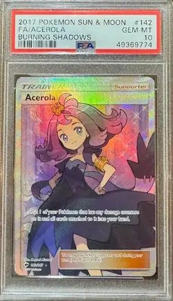 PSA 10 TRAINER ACEROLA 142 BURNING SHADOWS SUN & MOON POKEMON - Image 1
