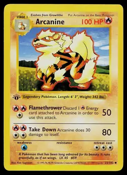 Pokemon Card - Arcanine Base Set (Shadowless) 23/102 Uncommon 1st Edition - Image 1