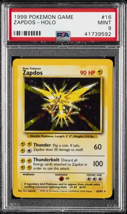 1999 POKEMON BASE SET UNLIMITED #16 ZAPDOS-HOLO PSA 9 - Image 1
