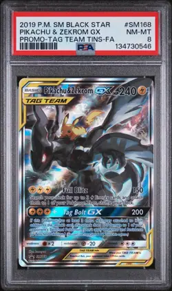 2019 Pokemon SM Black Star Pikachu & Zekrom Gx Promo Tag Tins SM168 PSA 8 - Image 1