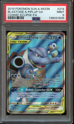 PSA 9 2019 POKEMON COSMIC ECLIPSE #214 BLASTOISE & PIPLUP GX MINT - Image 1