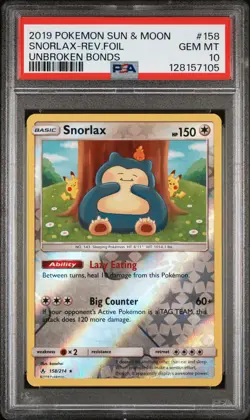 2019 POKEMON SUN & MOON UNBROKEN BONDS #158 SNORLAX-REVERSE FOIL PSA 10 - Image 1
