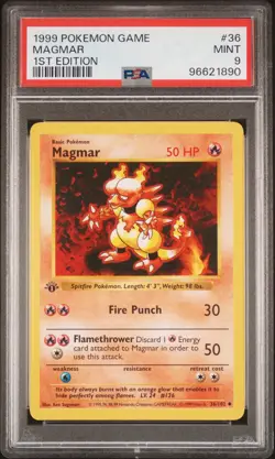 PSA 9 Magmar Pokemon Card 1st Edition Base Shadowless - Image 1