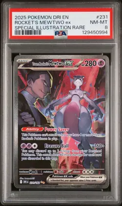 2025 POKEMON DRI EN DESTINED RIVALS #231 TEAM ROCKET'S MEWTWO EX SIR PSA 8 - Image 1