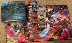 POKEMON LOT 1 PHANTASMAL FLAMES ETB, 7 PACKS (5-D/R, 2 P/F), 24 SM. FIGS., 1 MAT - Image 1