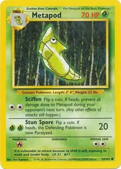Metapod 54/102 Base Set Unlimited 1999 Pokemon Card - LP - Image 1