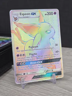 Pokemon Card TCG Sun & Moon Espeon GX Rainbow Secret Rare Card 152/149 Holo NM - Image 1