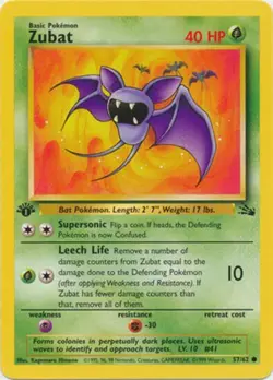 Zubat 57/62 Fossil Set 1st Edition Vintage 1999 Pokemon Card - LP - Image 1