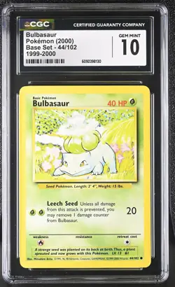CGC 10 GEM MINT Bulbasaur Base Set UK 4th Print 44/102 1999-2000 Pokemon Card - Image 1