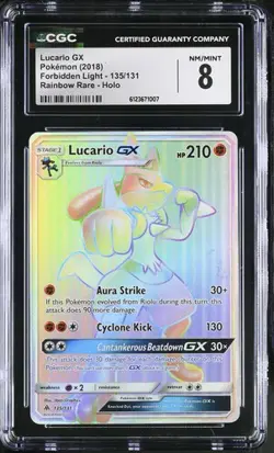 CGC 8 Lucario GX 2018 Forbidden Light 135/131 Rainbow Rare Holo Pokemon Card - Image 1