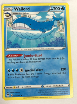 Pokemon Card Silver Tempest Miscut Error Wailord 038/195 Near Mint - Image 1