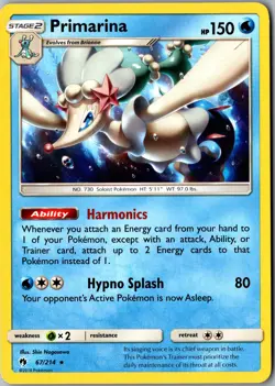 Primarina 67/214 Rare SM - Lost Thunder LP Pokemon Card - Image 1
