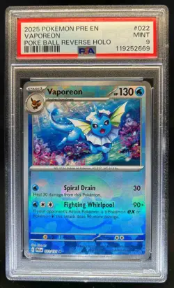 2025 Pokemon Prismatic Evolutions Vaporeon Reverse Holo Poke Ball #022/131 PSA 9 - Image 1