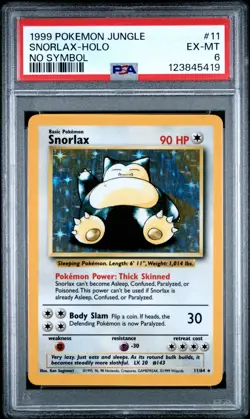 SNORLAX 1999 Pokemon Jungle Holo (No Symbol Error) #11 - PSA 6 - Image 1