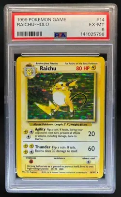 1999 Pokemon Unlimited Raichu Rare Holo #14/102 PSA 6 - Image 1
