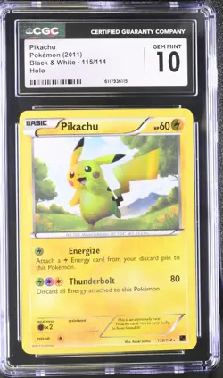 CGC 10 GEM MINT Pikachu 2011 Black & White 115/114 Holo Pokemon Card - Image 1