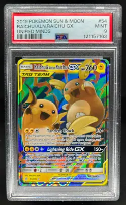 2019 Pokemon Sun & Moon Unified Minds Raichu Alolan Tag Team #54/236 PSA 9 - Image 1