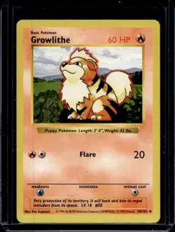 1999 Pokemon Shadowless Growlithe #28/102 - Image 1