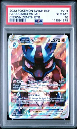 2023 POKEMON SWSH CROWN ZENITH ETB PROMO #291 FULL ART/LUCARIO VSTAR PSA 10 - Image 1