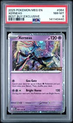 2025 POKEMON MEG EN-MEGA EVOLUTION BEST BUY EXCLUSIVE #064 XERNEAS PSA 8 - Image 1