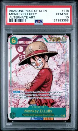 2025 ONE PIECE ENGLISH MONKEY D LUFFY OP13 ALTERNATE ART PSA 10 #118 G34 - Image 1