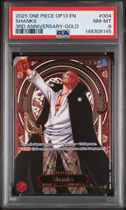 2025 One Piece OP13 ENGLISH 3rd Anniversary Gold #004 Shanks PSA 8 - Image 1