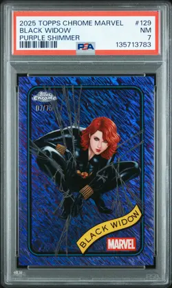 2025 TOPPS CHROME MARVEL PURPLE SHIMMER #129 BLACK WIDOW 7/75 PSA 7 - Image 1