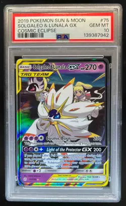 2019 Pokemon Sun Moon Cosmic Eclipse Solgaleo Lunala Tag Team Holo 75/236 PSA 10 - Image 1