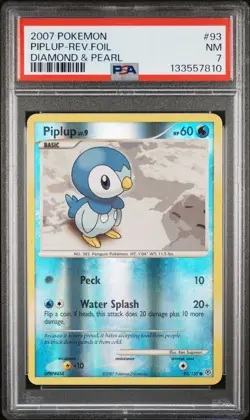 2007 POKEMON DIAMOND & PEARL #93 PIPLUP-REVERSE FOIL PSA 7 - Image 1