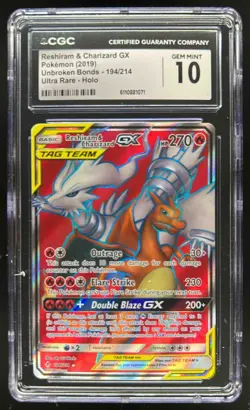 2019 Pokemon Sun Moon Unbroken Bonds Reshiram Charizard Tag Team #194/214 CGC 10 - Image 1