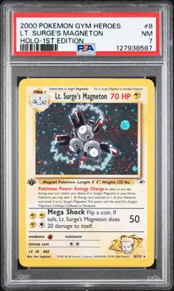 Lt. Surge's Magneton #8 Pokemon Gym Heroes 1st Ed PSA 7 250001 - Image 1