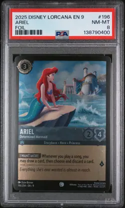 2025 DISNEY LORCANA EN 9-FABLED FOIL #196 ARIEL - DETERMINED MERMAID PSA 8 - Image 1