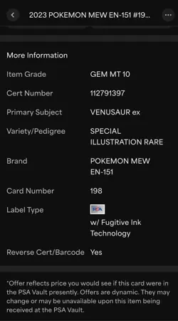 PSA 10 Gem - Venusaur EX 196 - 151 Mew Special Illustration Rare - Pokemon TCG - Image 3