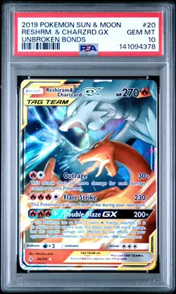 2019 POKEMON SUN & MOON UNBROKEN BONDS #20 RESHIRAM & CHARIZARD GX PSA 10 - Image 1