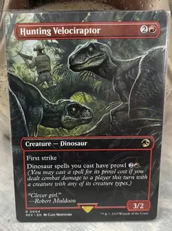 MTG HUNTING VELOCIRAPTOR Jurassic World Ixalan Borderless Rare Dinosaur MTG NM - Image 1