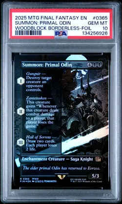 2025 MTG FINAL FANTASY WOODBLOCK BORDERLESS-FOIL SUMMON: PRIMAL ODIN PSA 10 - Image 1